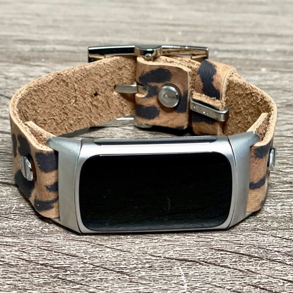 Leopard Print Leather Strap Fitbit Charge 5 Band Silver Jewelry Women Bracelet - Picture 5 of 9